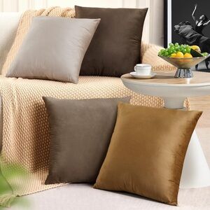 ‘Couch Bed Sofa’ Brown Decorative Velvet SQUARE Pillow Covers 18x18” (4-pack)